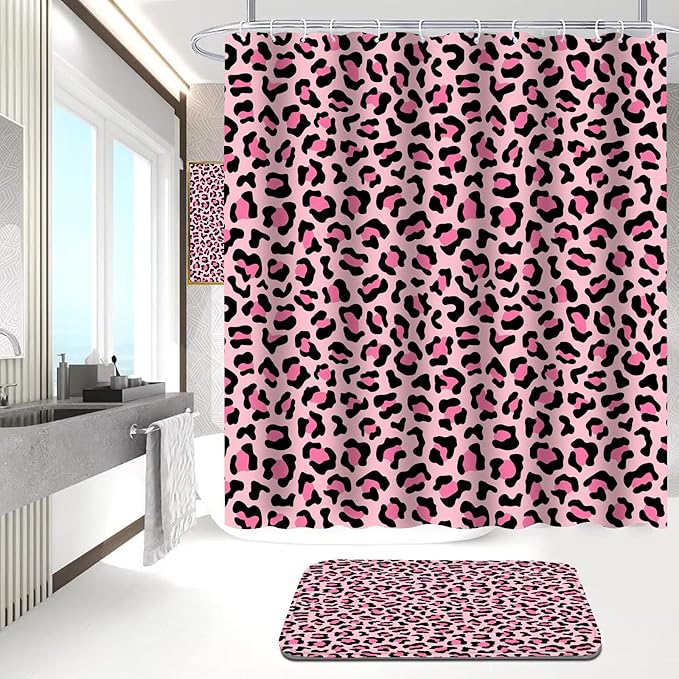 Onalasyc 5Pcs Pink Leopard Shower Curtain Set, Wall Painting Bathroom Sets with Shower Curtain and Rugs, Cheetah Print Bathroom Wall Art Decor Painting Shower Curtains Sets with Rugs