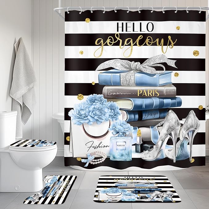 Cinbloo 4Pcs Black and Blue Shower Curtain Set,High Heels Striped Perfume Bathroom Curtain with Rug, Toilet Lid Cover, Bath Mat, Fashion Floral Flower Magazine Books Shower Curtain with 12 Hooks