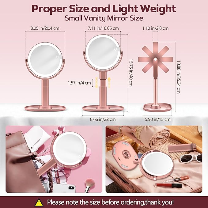 MOMOKUBA Makeup Mirror with Lights, 30X Magnifying & Height Adjustable, Lighted Magnifying Mirror with 3 Light Modes & Stepless Dimming, Vanity Mirrors for Bathroom, Birthday Gift for Women, Rosegold