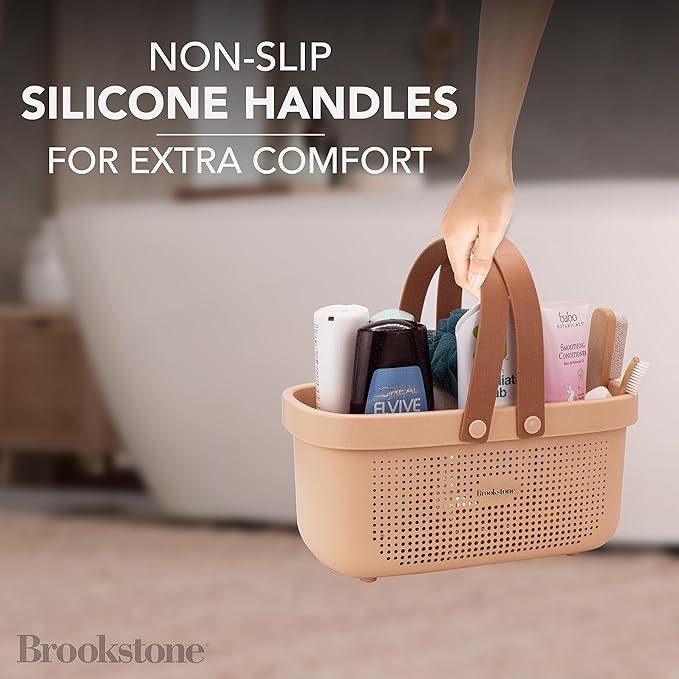 Brookstone Modern Large Portable Shower Caddy with Soft Silicone Carrying Handle, Bathroom Organizer Basket, Plastic Bath Tote and Shower Organizer, Quick Dry Drainage Holes, BPA Free, Blush