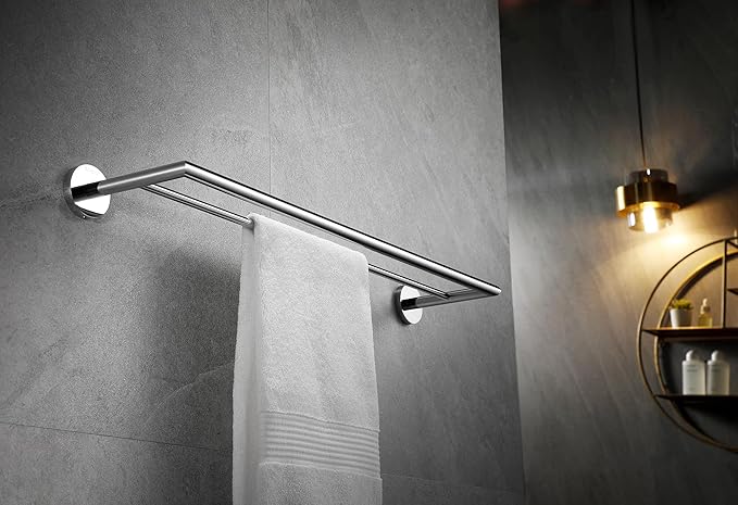 Double Towel Bar Chrome 26 Inch Towel Racks for Bathroom, Wall Mounted Bath Towel Holder, Modern Hotel Style Double Towel Rod, Brass, 077080-CR Leo Series