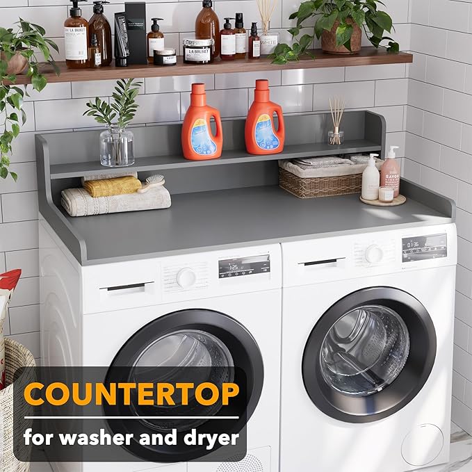 SpaceAid Washer Dryer Countertop with 2-Tier Shelf, Wood Topper with Edge, 54" Width x 27.5" Depth Cover Organizer Guard for Washer and Dryer Counter Laundry Hamper Storage (Gray)