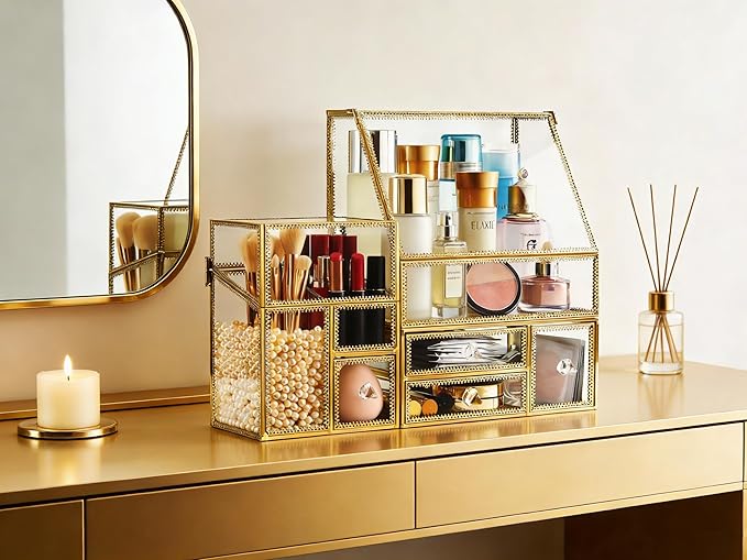 Hersoo Luxury Stackable Glass Cosmetic Organizer 3-Piece Set-Durable,Premium Shatterproof Vanity Storage,Artisan-Design for High-End Bathroom&Makeup Counter Decor(gold)