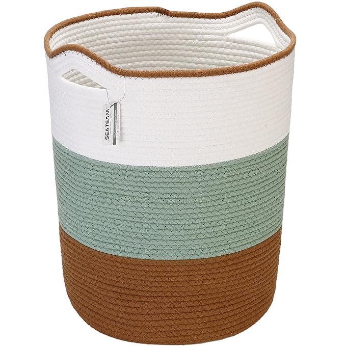 Sea Team Large Size Cotton Rope Woven Storage Basket with Handles, Laundry Hamper, Fabric Bucket, Drum, Clothes Toys Organizer for Kid's Room, 20 x 14 inches, Round Open Design, Green & Brown