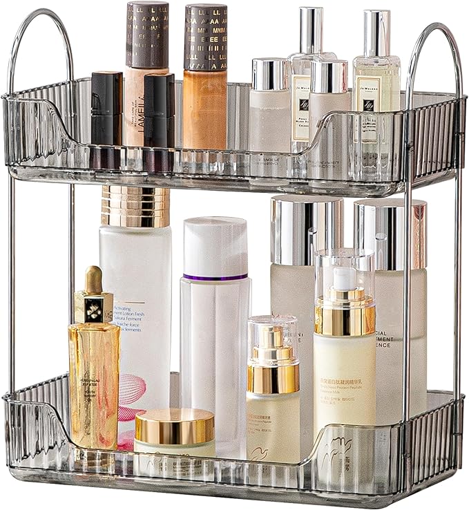 Grey 2-Tier Vanity Tray Organizer for Bathroom Counter, Skincare & Makeup