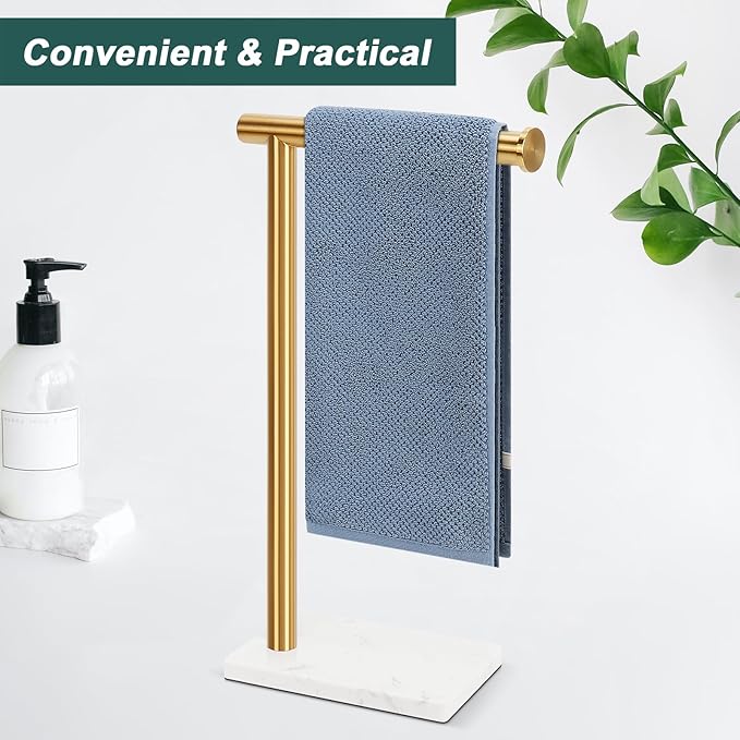 Hand Towel Holder, Hand Towel Stand for Bathroom with Marble Base, 304 Stainless Steel L Shape Hand Towel Rack Bar Standing for Vanity Kitchen Countertop, Brushed Gold