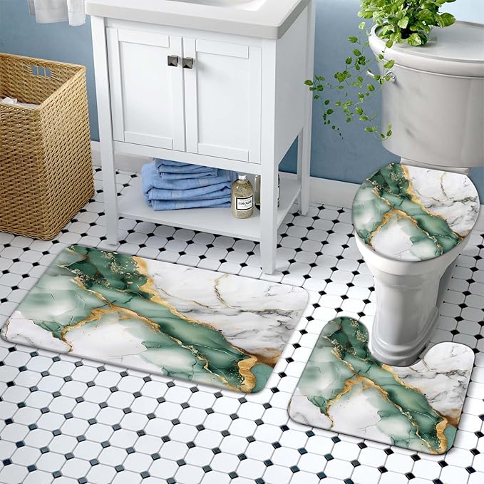 Lnond 4Pcs Bathroom Sets with Shower Curtain and Rugs, Marble Bathroom Shower Curtain Sets, Green Grey Gold Modern Art Bathroom Sets with Rugs and Accessories