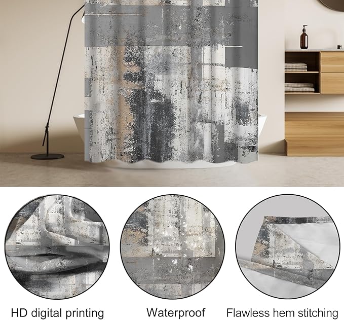 Lnond 4Pcs Bathroom Shower Curtain Sets with Rugs,Black and Grey Painting Art Bathroom Sets with Shower Curtain and Rugs and Accessories