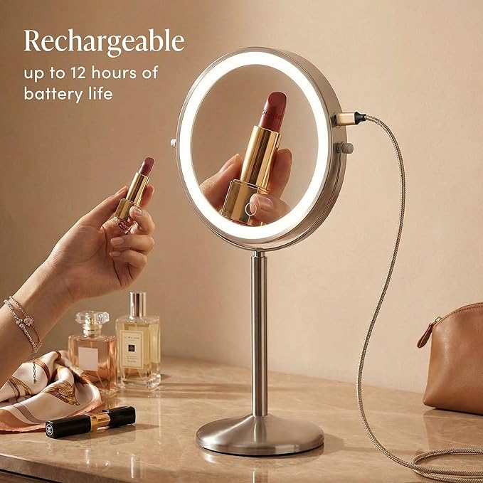 Fancii 9-Inch Lighted Makeup Mirror Height Adjustable with 10X /1X Magnification - Rechargeable, Double Sided LED Vanity Mirror with Light and Stand, 360° Swivel