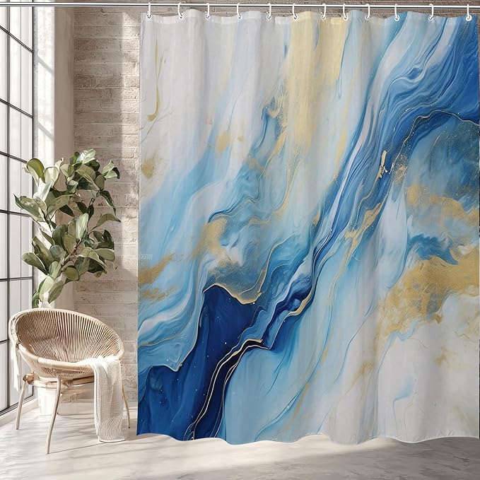 Blue Marbie Shower Curtain Abstract Morden Yellow Ink Texture Fabric Shower Curtains for Bathroom Decor 72x72 Inch