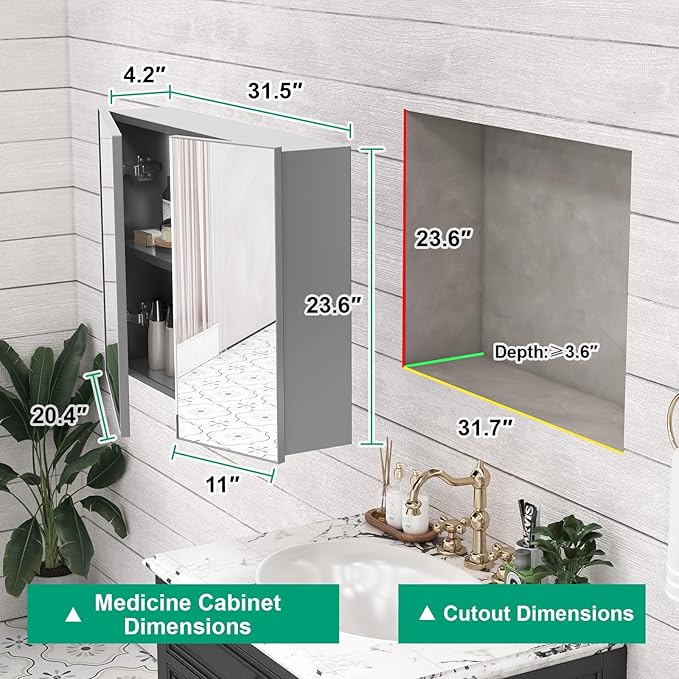 32 x 24 Farmhouse Medicine Cabinet, Tempered Frameless Bathroom Mirror with Storage, Silver Recessed or Surface Mount Aluminum Medicine Cabinet for Bathroom Modern