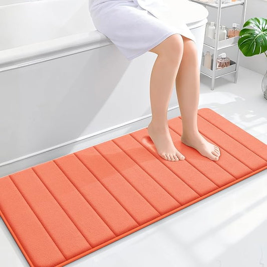 OLANLY Memory Foam Long Bathroom Rugs Runner 47x20, Super Soft Absorbent Bath Mat, Quick Dry, Machine Washable Shower Floor Rugs, Bathmat Carpet, Bathroom Home Decor Accessories, Coral