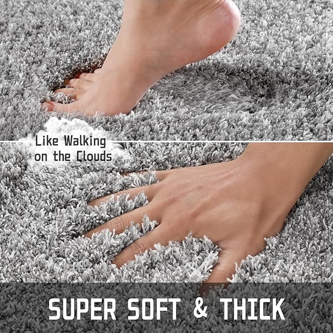 Yimobra Bathroom Rugs Non Slip Washable, Ultra Soft and Water Absorbent Bath Mats, Plush Fluffy Shower Mat Outside, Microfiber Thick Matts for Bathroom Floor/Sink, 24x17, Light Gray and White