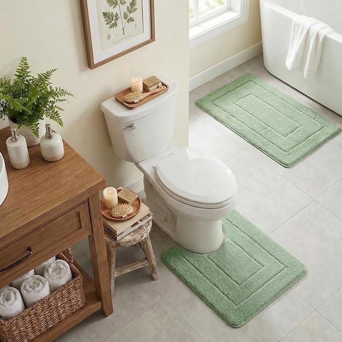 GRANNY SAYS Toilet Rugs U Shaped Washable Non Slip, Toilet Mats for Bathroom Soft Plush Shaggy Absorbent, Microfiber Bath Mats for Bathroom Toilets Cute Decor, 20" x 24", Green