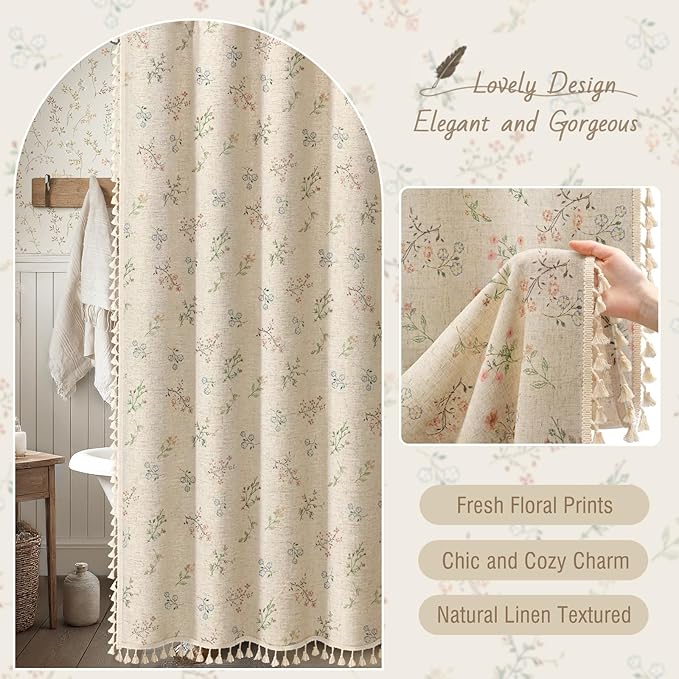 Floral Vintage Linen Shower Curtain, French Country Shower Curtains for Bathroom with Tassels, 72Wx90H