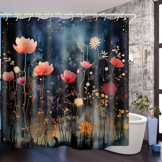 Bright Fabric Shower Curtains, Vintage Floral Theme Design Art Shower Curtains, Bathroom Decor Set, 12 Shower Curtain Hooks (72 "Wx72 L) Inch Waterproof Shower Curtain.