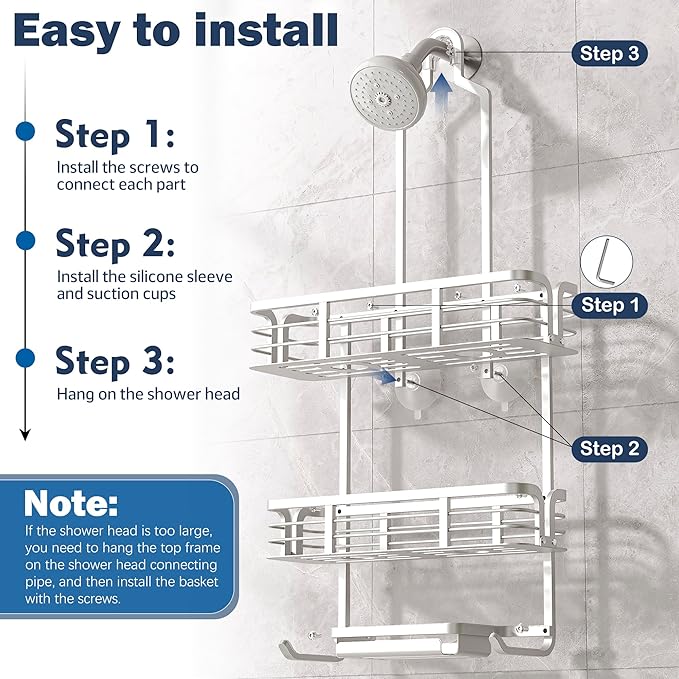 Shower Caddy Hanging, Never Rust Aluminum Shower Organizer, Over Showerhead No Drilling Shower Racks, with Soap Holder Multi Hooks Bathroom Storage for Shampoo Sponge,Silvery