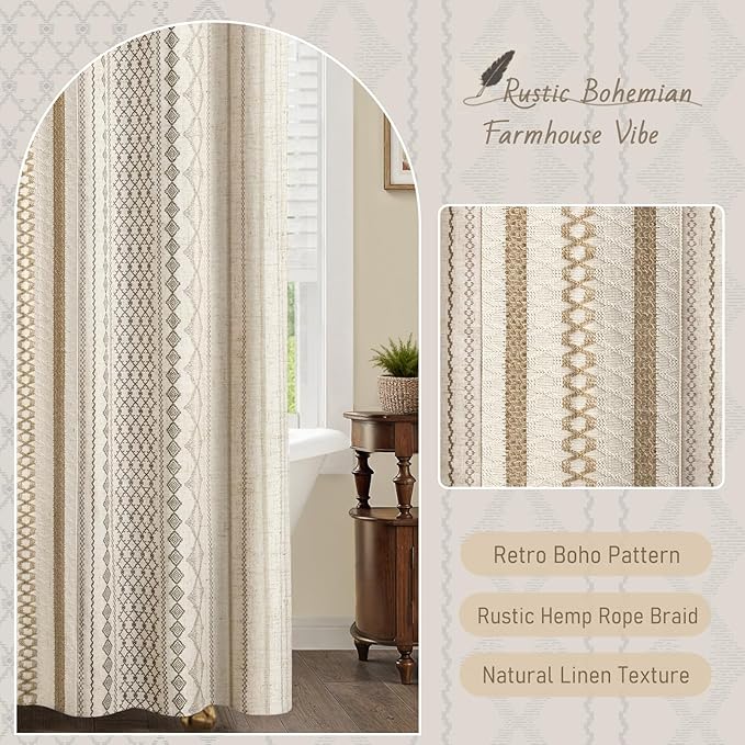 Boho Linen Shower Curtain for Bathroom,with Striped Print and Twine-Inspired Woven Center,72" W x 78" L,Beige