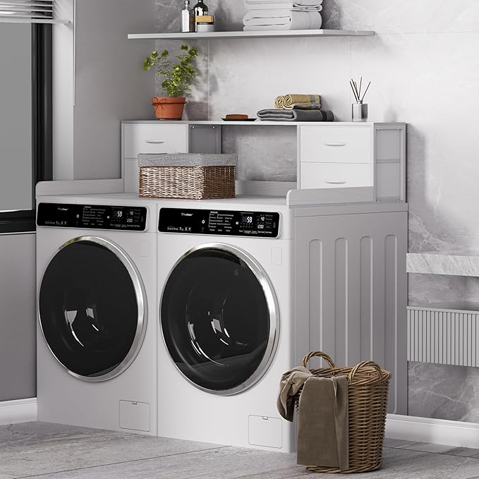 Unionly Washer and Dryer Countertop, 27.5“ D x 53.9“ W x 12.9“ H Solid Wood Washer and Dryer Countertop with Organizer Shelves with Four Drawers for Laundry Room Organization (White)