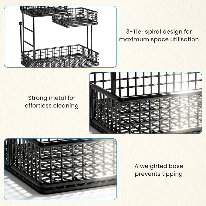 Makeup Organizer Countertop for Vanity, 3 Tier Metal Bathroom Countertop Organizers Skincare Storage Holder Perfume Cosmetic Display, Multi-Use Storage Rack for Bathroom, Kitchen & Bedroom (Black)
