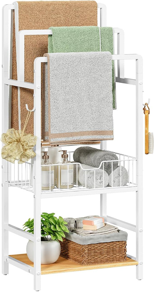 HOOBRO Free Standing Towel Rack, Blanket Rack with 3 Towel Bars, Storage Basket and Shelf, Towel Holder with Hook, Blanket Organizer, for Bathroom and Laundry, White and Natural WN13LB01