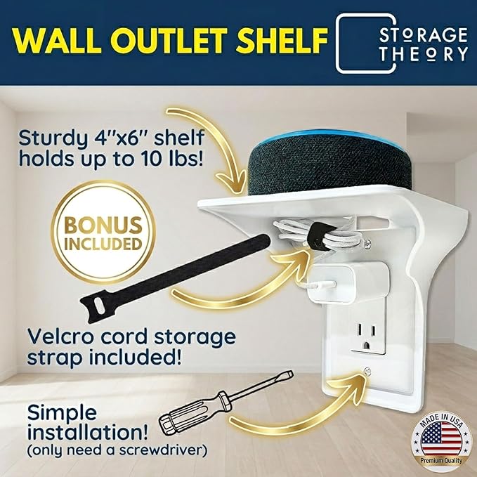 BeraTek Power Perch Wall Outlet Shelf with Cord Storage Strap - Declutter & Reclaim Counter Space - Alexa Holder, Charging Stand, Apple Homepod Mini Wall Mount - White, 2-Pack