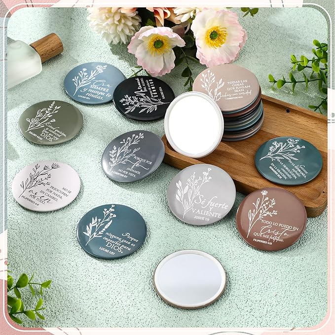 GlikCeil 40 Pcs Christian Compact Mirrors Bulk for Women Inspirational Bible Verse Pocket Mirror Mini Purse Makeup Mirror Christian Church Gift for Mother's Day Mom Church Party Favor (Retro Spanish)