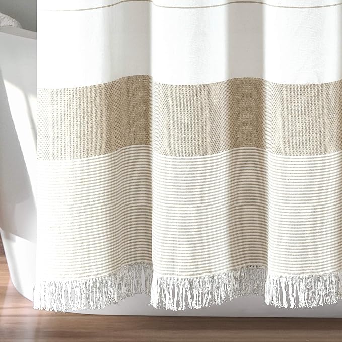 Lush Decor White Woven Cotton Shower Curtain with Taupe Stripe and Tassel Fringe, Bathroom Accessories (72" x 72")
