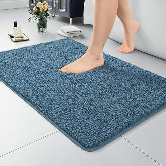 LOCHAS Luxury Bathroom Rug Shaggy Bath Mat 24 x 17 Inch, Washable Non Slip Bath Rugs for Bathroom Shower, Soft Plush Chenille Absorbent Carpets Mats, Denim Blue