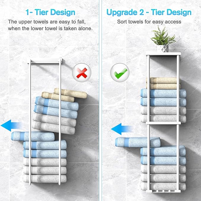 Liuoud Towel Rack for Bathroom, Wall Mounted Vertical Rolled Towel Storage Organizer Holder with Shelf, Holds Up 6 Large Bath Sheets, White