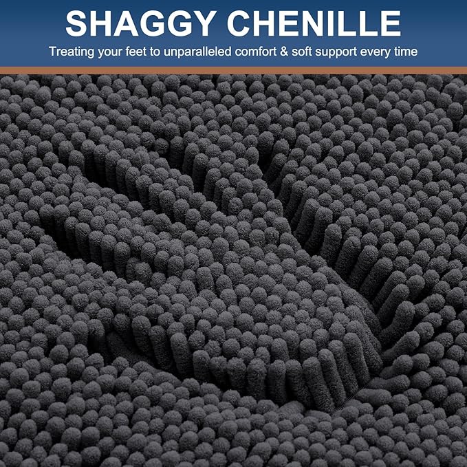 Smiry Luxury Chenille Bathroom Rugs 47x20, Extra Soft and Absorbent Shaggy Bath Mat, Machine Washable, Non-Slip Plush Carpet Runner for Tub, Shower, and Floor, Home Decor Accessories, Charcoal Grey