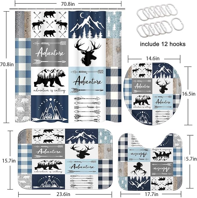 Pamnest 4 Pcs Shower Curtain Sets, Moose Bear Animal Funny Plaid Waterproof Bathroom Sets with Non-Slip Rugs, Toilet Lid Cover and Bath Mat, 12 Hooks, Accessories Modern Home Bathroom Decor 72" X 72"