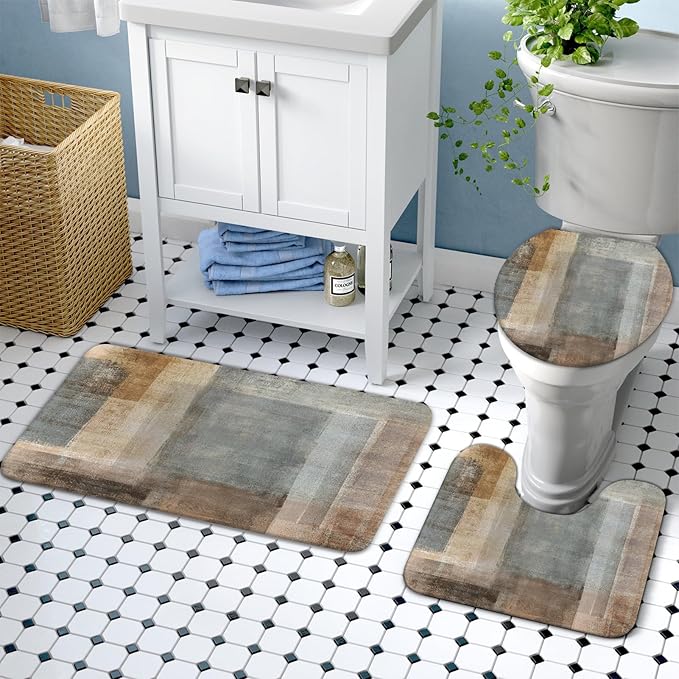 Lnond 4Pcs Bathroom Shower Curtain Sets with Rugs,Brown Gradient Painting Art Bathroom Sets with Shower Curtain and Rugs and Accessories