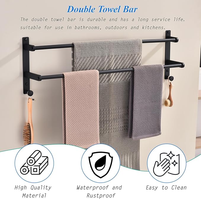 Matte Black Double Towel Rack with Hooks for Bathroom, 30 Inch Stainless Steel Long Towel Bar - Wall Mounted Towel Rails Holder