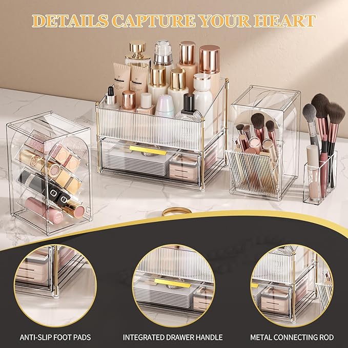 INVSSENE Stackable Makeup Organizer Countertop, Storage Perfume Skincare Cosmetic Lipstick Face Mask Makeup Brush Palettes, Ideal for Vanity Bathroom Counter