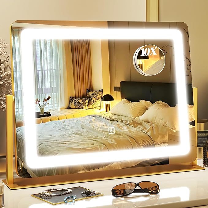 17" x22" Vanity Mirror with Light, LED Makeup Mirror with Lights, 10X Magnification Mirror Makeup with 360°Rotation, 3 Color Modes ＆ Dimmable, Light up Makeup Mirror for Vanity Desk, Travel, Gold