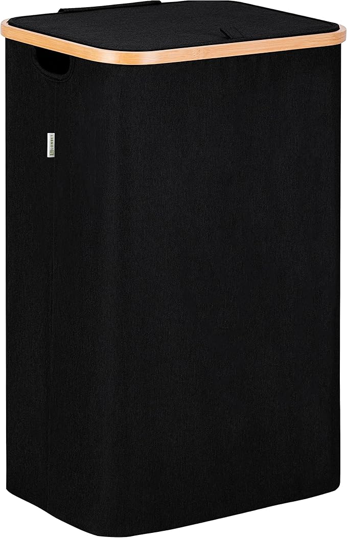 LONBET Laundry Basket with Lid, Made from Breathable Fabric | Aesthetic Clothes Hampers for Laundry with Side Handles & Sturdy Bamboo Frame (26 Gallons - Single, Black)