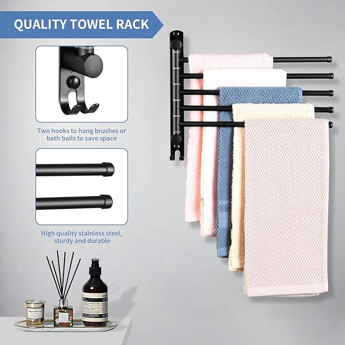 Swivel Towel Rack, 12.6 Inch Towel Bar with Wall Mounted 180° Rotation, 5 Arms Towel Hanger SUS 304 Stainless Steel, Space Saving for Kitchen, Bathroom, Outdoor, Matte Black