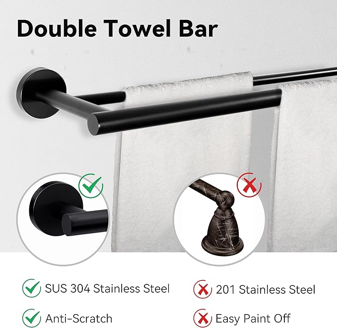SEIDO 4-Piece Matte Black Bathroom Accessories Set – 24 Inch Double Towel Bar with Toilet Paper Holder & 2 Hooks - SUS 304 Stainless Steel Wall Mounted Hardware Kit for Bathroom, Laundry Room