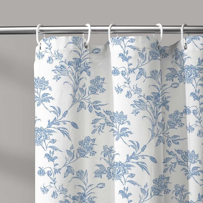 Extra Long Shower Curtain Blue Floral Cotton Cottagecore Shower Curtain for Bathroom 72" W x 90" L