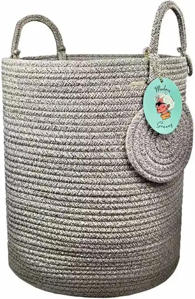 Modern Granny Large Cotton Rope Laundry Hamper 15x20 Inch Dual Secure Woven Handle for Living Room Closet Clothes Blanket Organization