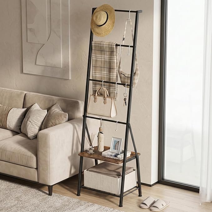 CADUKE Blanket Ladder with Storage Shelf, Blanket Rack with 8 Removable Hooks, Towel Ladder for Bathroom Living Room and Bedroom, Rustic Brown