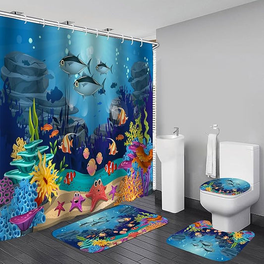 Colorful Fish Underwater Shower Curtain Set, 4 Piece Bathroom Decor with 12 Hooks, Vibrant Marine Life Bath Curtain