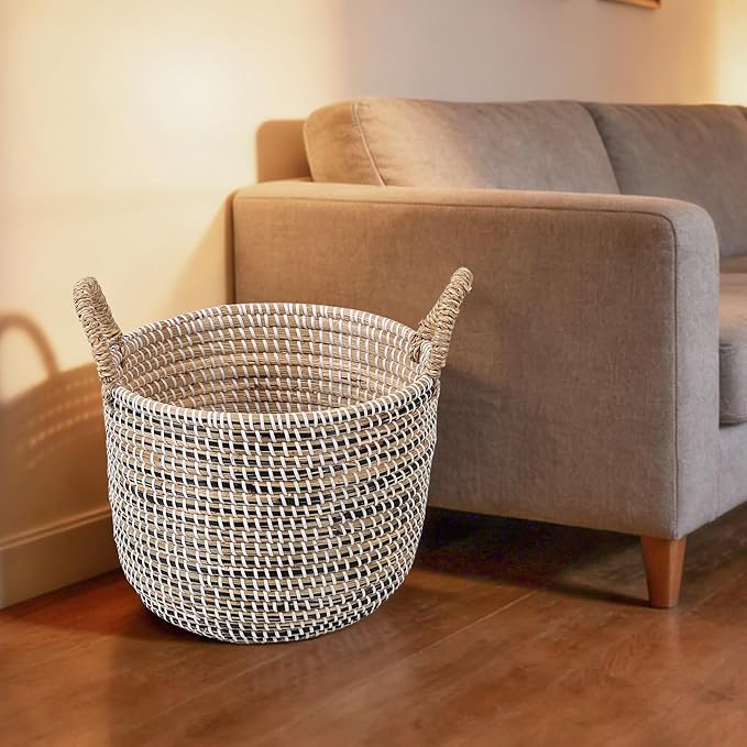 Set of 3 Laundry Baskets Hamper with Handles, Decorative Seagrass Basket for Living Room, Woven Storage Basket for Toys, Bin, Pillows, Blankets, Clothes in Bathroom, Bedroom - 32L 18L 9L