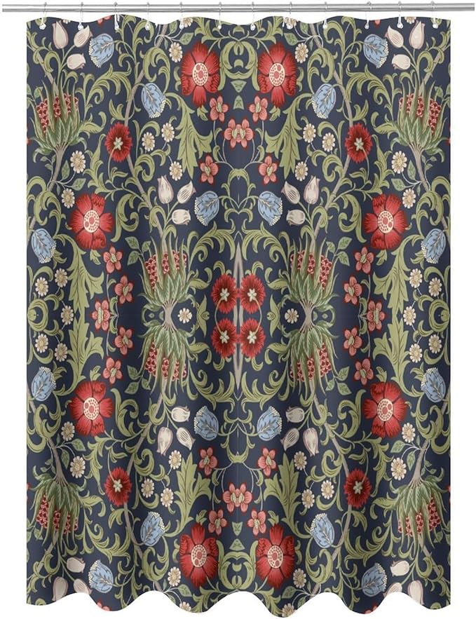 Boho Watercolor Floral Shower Curtain William Morris Design Heavy Duty Fabric Shower Curtain Set Bathroom Polyester Waterproof Shower Curtain 72x72 Inches(183x183cm), Style