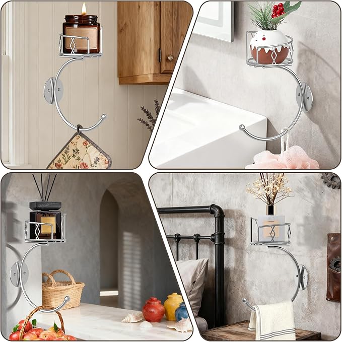 Simple Silver Hand Towel Holder for Bathroom Wall, Metal Sturdy Wall-Mounted Towel Hook with Candle Holder for Vase and Bottled, Hand Towel Racks/Hanger for Bathroom Decor and Kitchen