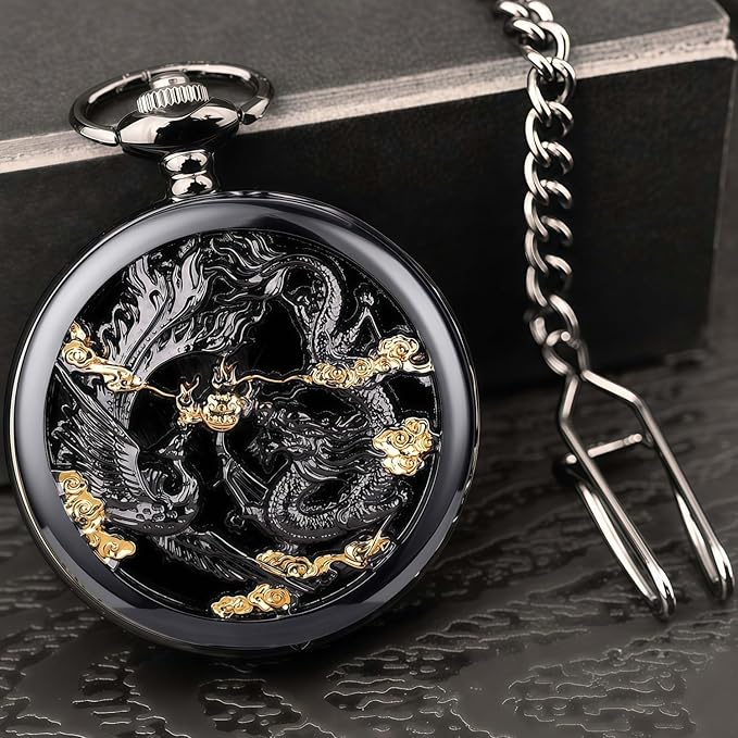 ManChDa Scrying Mirror Black Obsidian Mirror Lucky Dragon & Phoenix Pocket Watch Shell Witchcraft Kit Wiccan Supplies and Tools Witchy Gifts, Black Gold