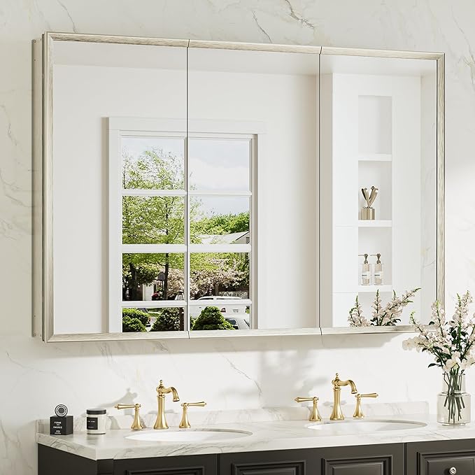 TokeShimi 48 x 32 Mirrored Medicine Cabinets for Bathroom, Assembly Required, Brushed Nickel Recessed Medicine Cabinet with Mirror, Aluminum Frame, Stepless Adjustable Shelves, Tempered Glass