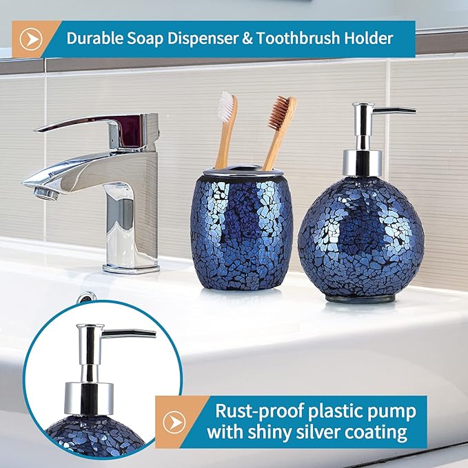 4 Pcs Mosaic Glass Bathroom Accessories Set, Modern Luxury Bath Ensemble, Includes Soap Dispenser, Cotton Swab Jar, Toothbrush Holder, Vanity Tray (Shiny Blue)