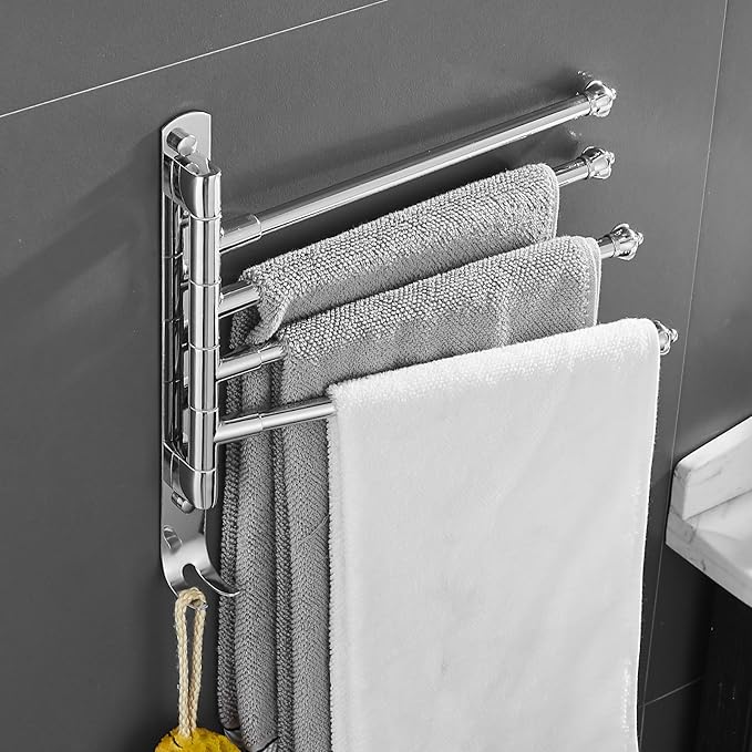 Chrome Rotating Towel Rack Stainless Steel Adjustable Towel Rack Bathroom Towel Rack 12 * 1.5 * 11.7inch Suitable for Bathroom, Bedroom, Balcony Removable Towel bar (electroplated, Four Poles)